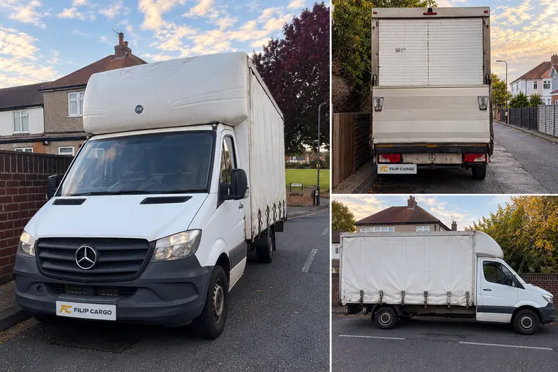 Filip Cargo Van 02, a white 3.5t curtain-side Luton van, from the front, rear and side
